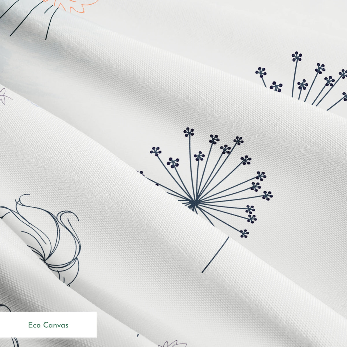 Delicate blue pattern featuring Frozen's Elsa and Anna surrounded by floral elements and dandelions on a light background springs ecocanvas texture
