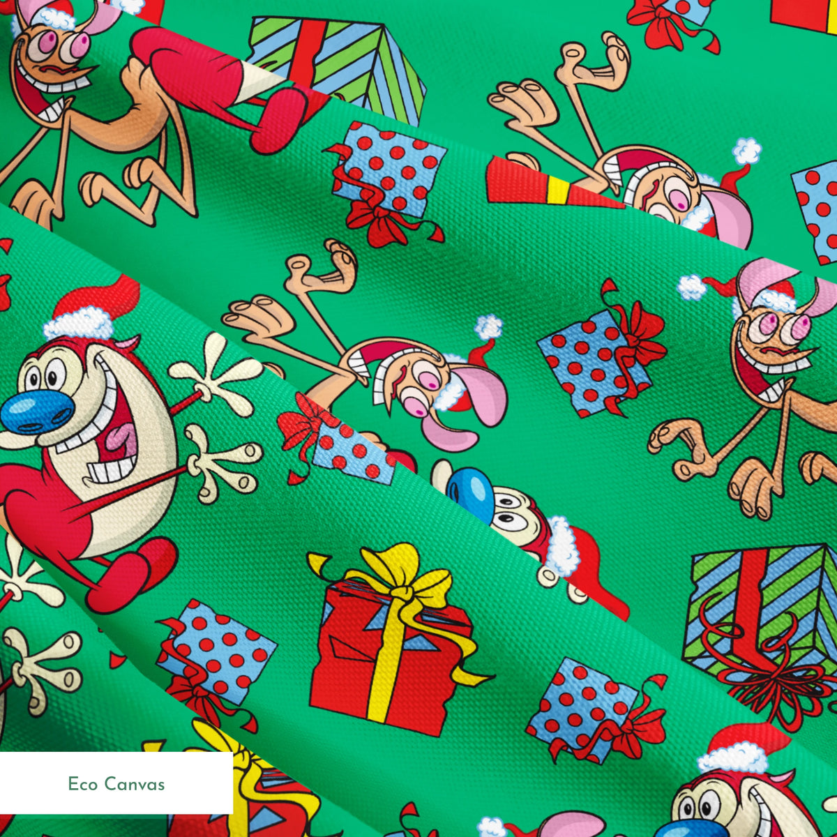 Whimsical cartoon Christmas pattern with elves, Santa figures, and colorful gifts on green background springs ecocanvas texture