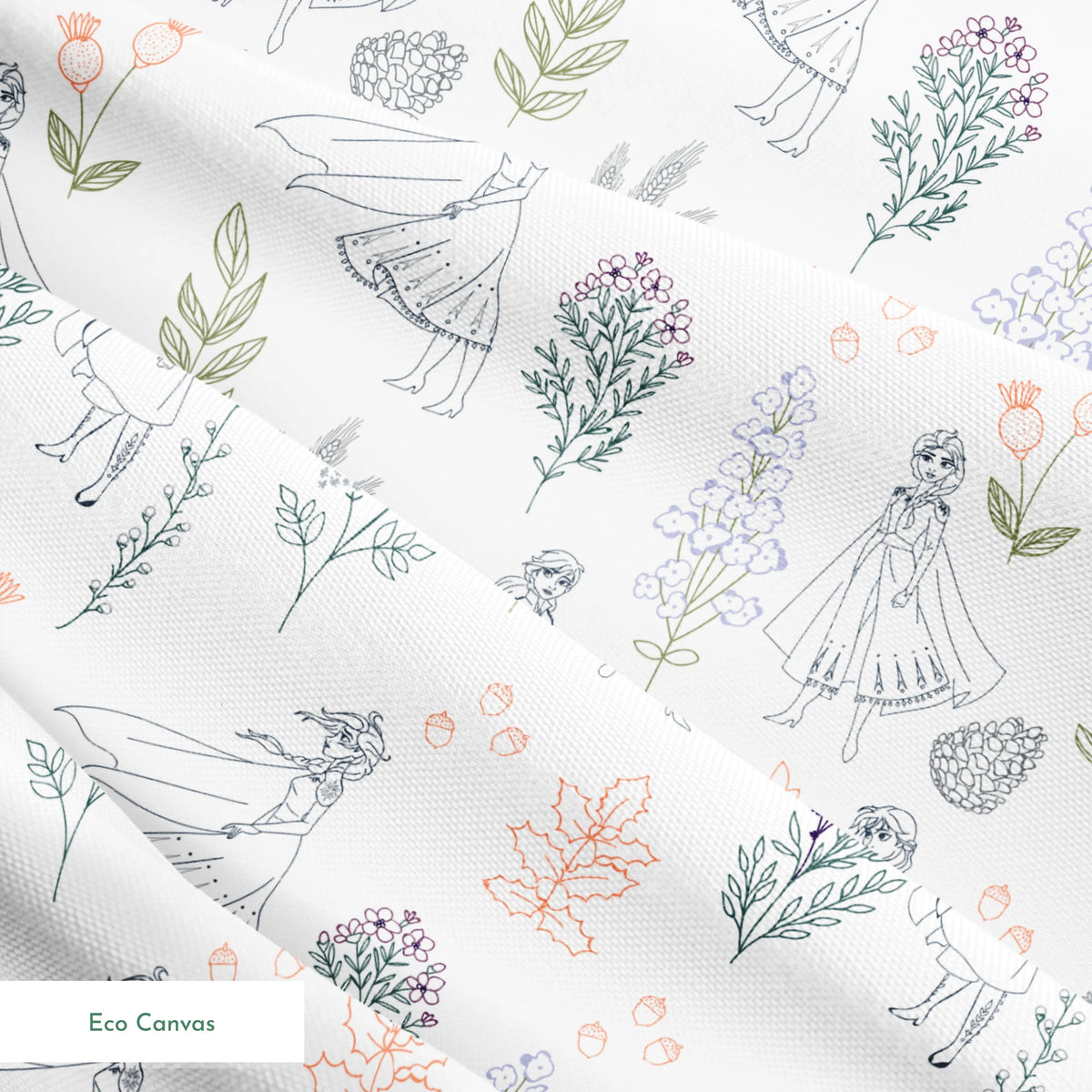 Delicate line drawing pattern of Elsa and Anna among botanical illustrations and flowers in soft colors springs ecocanvas texture