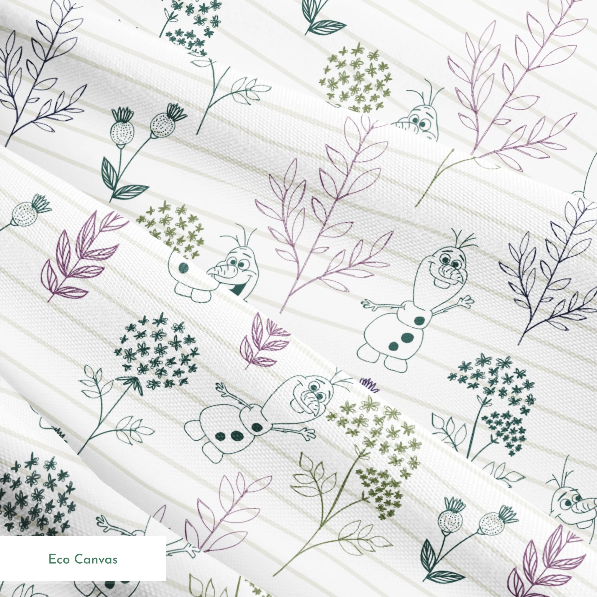 Pattern of sketched botanical elements, flowers, and Olaf on a lined background in soft greens and purples springs ecocanvas texture