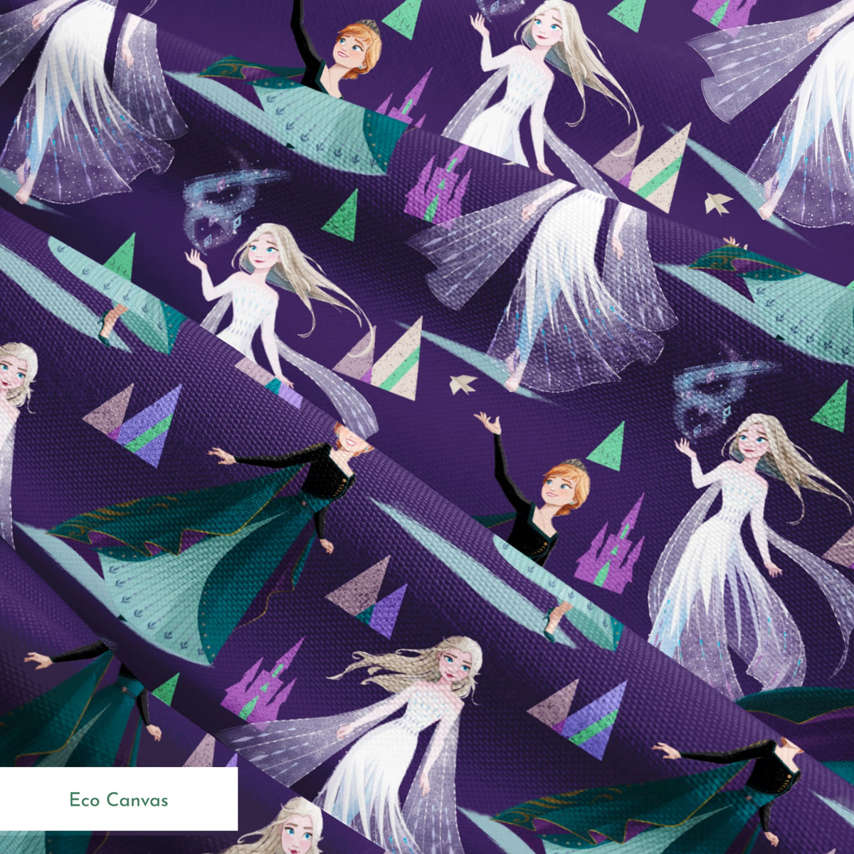 Frozen characters and ice castles on purple background, magical fantasy pattern springs ecocanvas texture