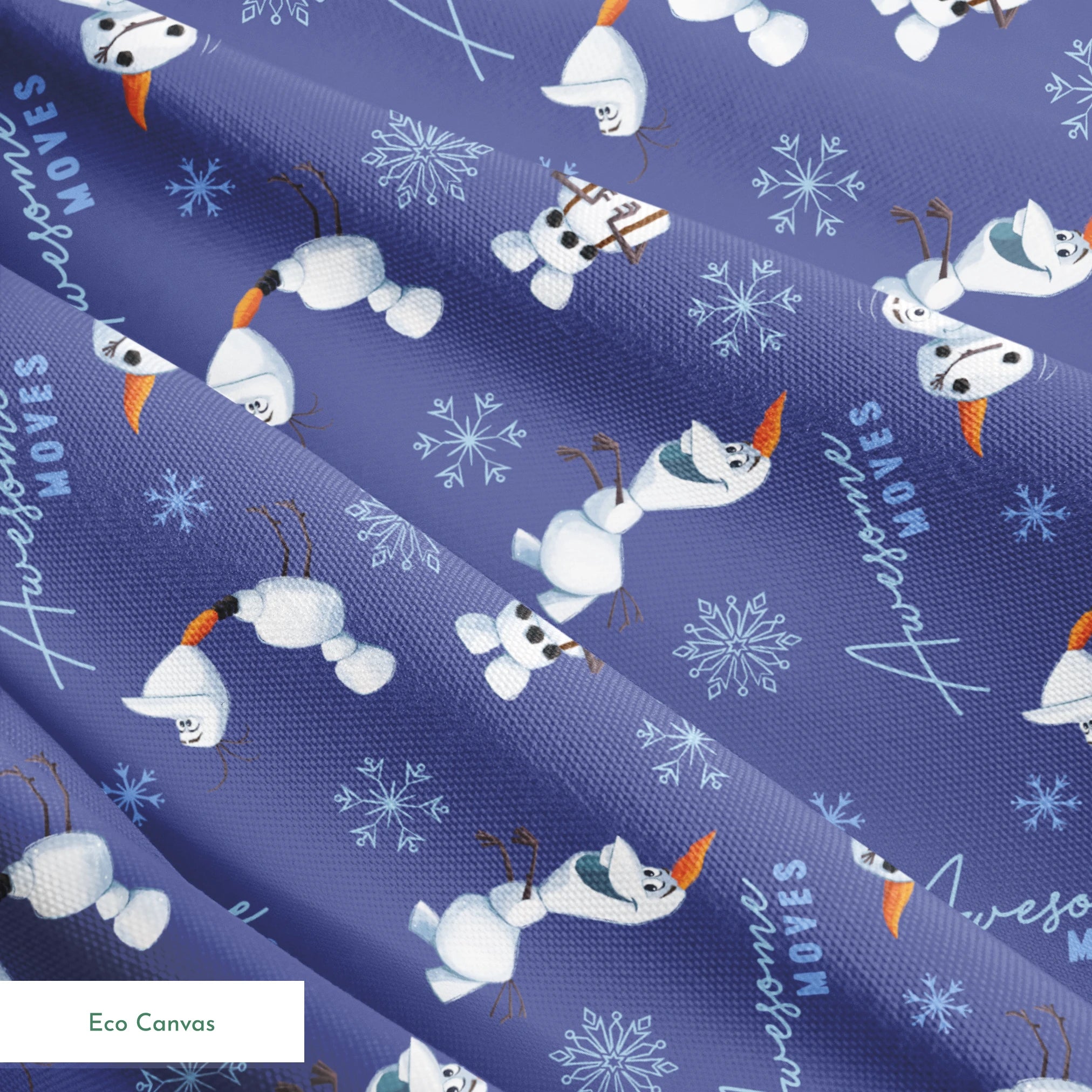 Playful Olaf the snowman pattern with snowflakes on purple background showing various poses springs ecocanvas texture