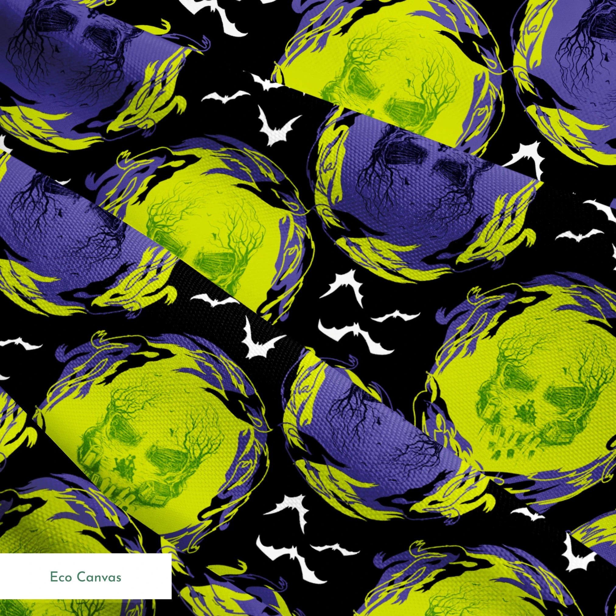 Repeating pattern of neon green and purple skulls with swirling effects on black background with white bats springs ecocanvas texture
