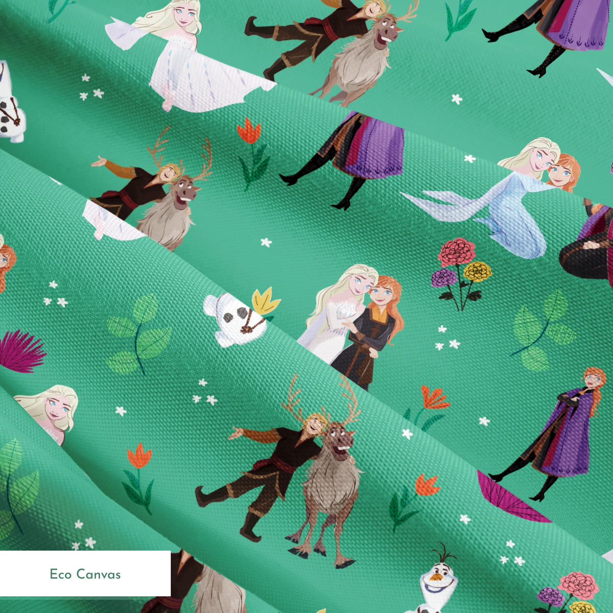 Pattern of animated characters from Frozen including Olaf the snowman, characters in formal attire, and colorful flowers on a green background. springs ecocanvas texture