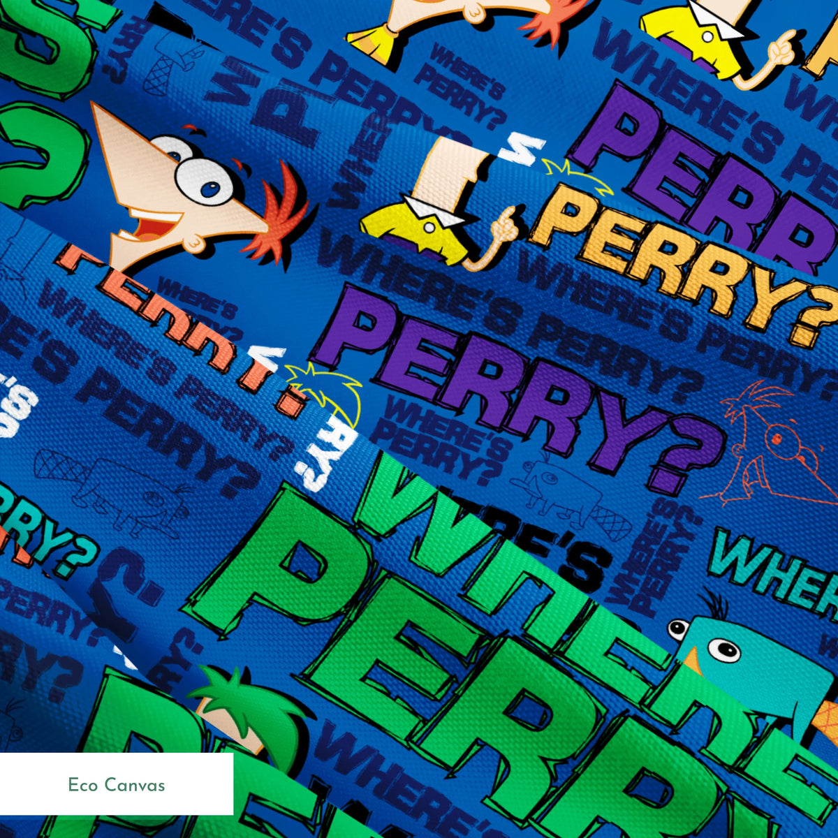 Phineas & Ferb pattern with "WHERE'S PERRY?" text repeated in various colors on blue background springs ecocanvas texture