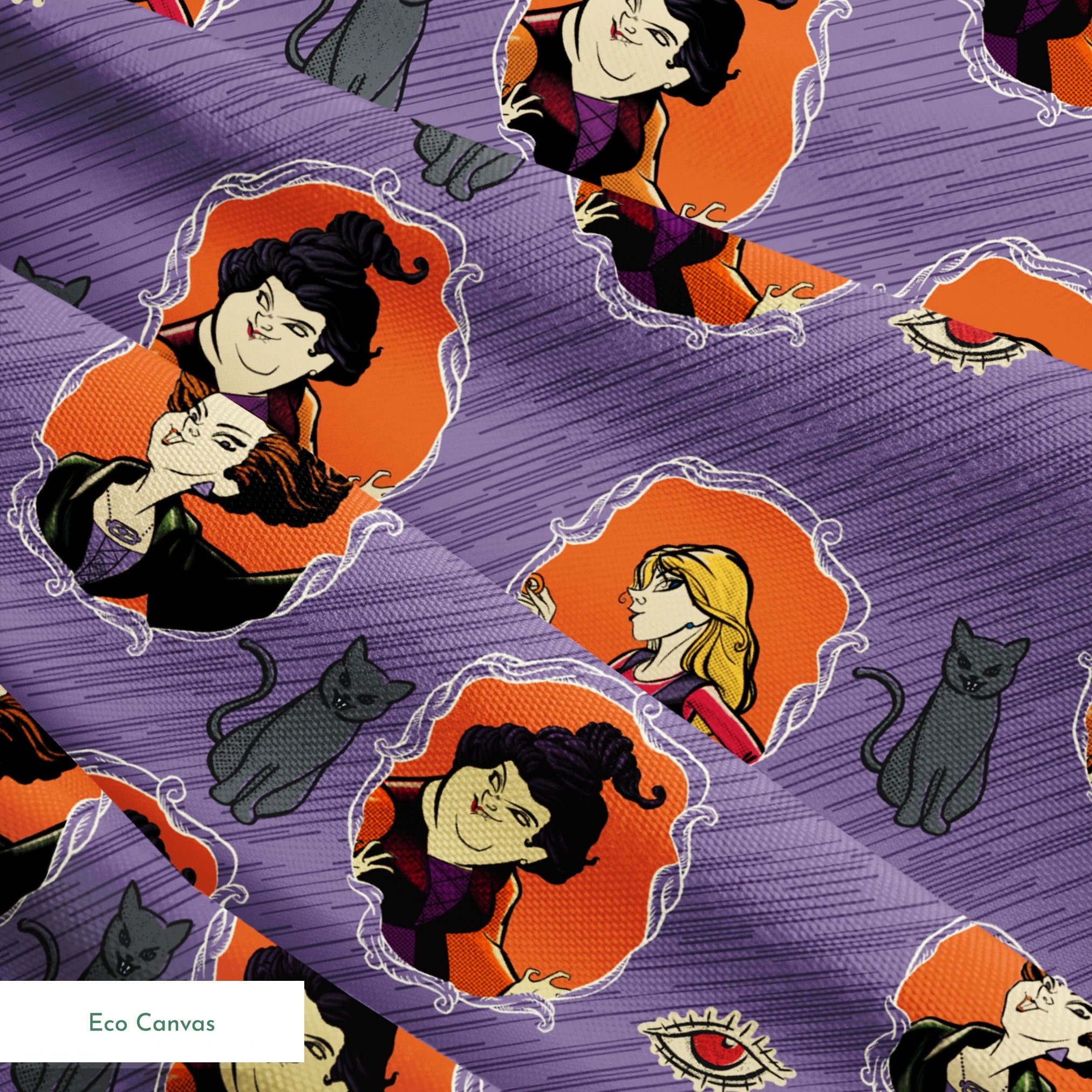 Purple background pattern with illustrated cartoon characters, black cats, and eye symbols in orange circular frames springs ecocanvas texture