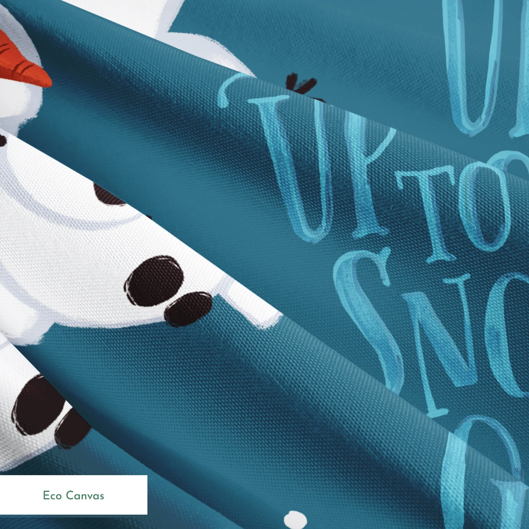 Playful Olaf  pattern with "Let It Snow" text on teal background with snowflakes springs ecocanvas texture