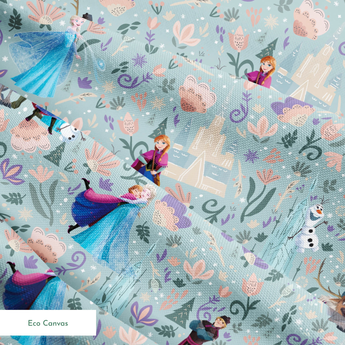 Frozen-themed pattern with the iconic characters, snowmen, flowers, and swirls on a light blue background springs ecocanvas texture