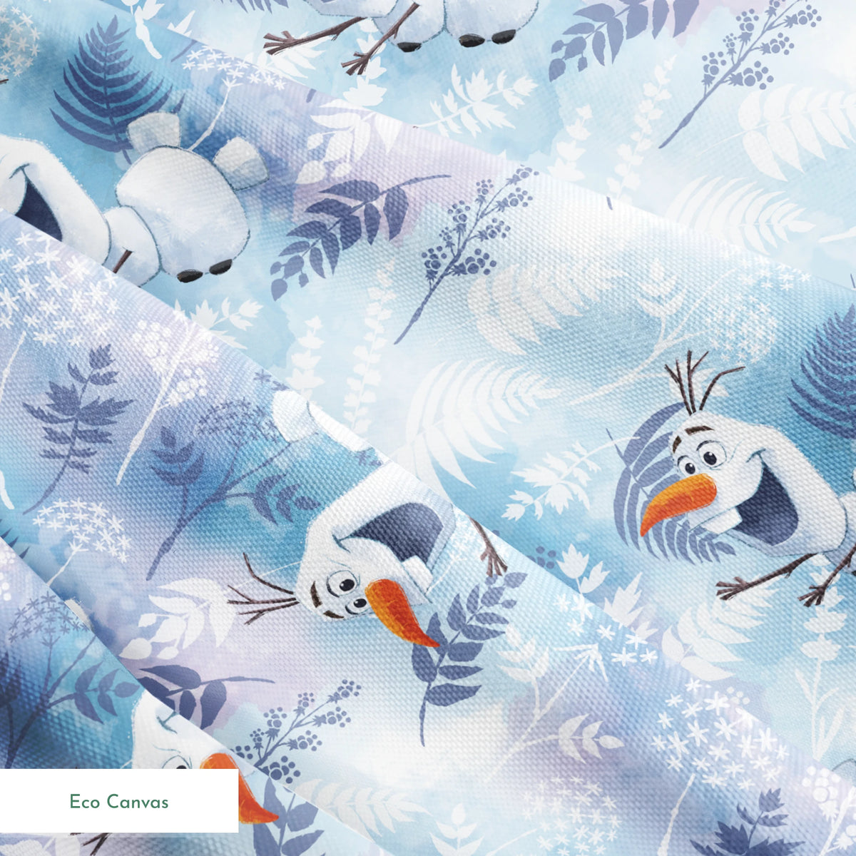 Cheerful Olaf playing among delicate ferns and snowflakes on a light blue background springs ecocanvas texture