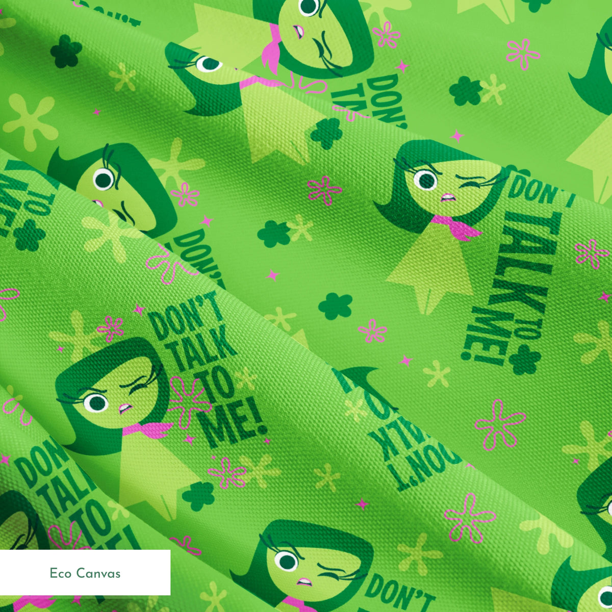 Green background with Disgust from Inside Out and "Don't Talk To Me" text, featuring stars and floral elements springs ecocanvas texture
