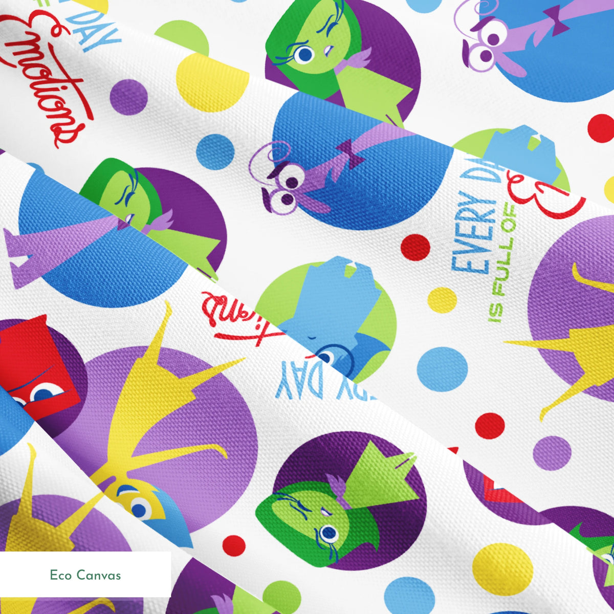 Colorful Inside Out characters in circles - Joy, Sadness, Fear, Disgust, and Anger on polka dot background springs ecocanvas texture