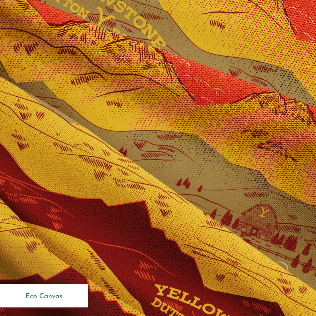 Layered mountain landscape in red, gold, and brown with "Yellowstone Cotton Ranch" text and silhouetted trees and wildlife. springs ecocanvas texture