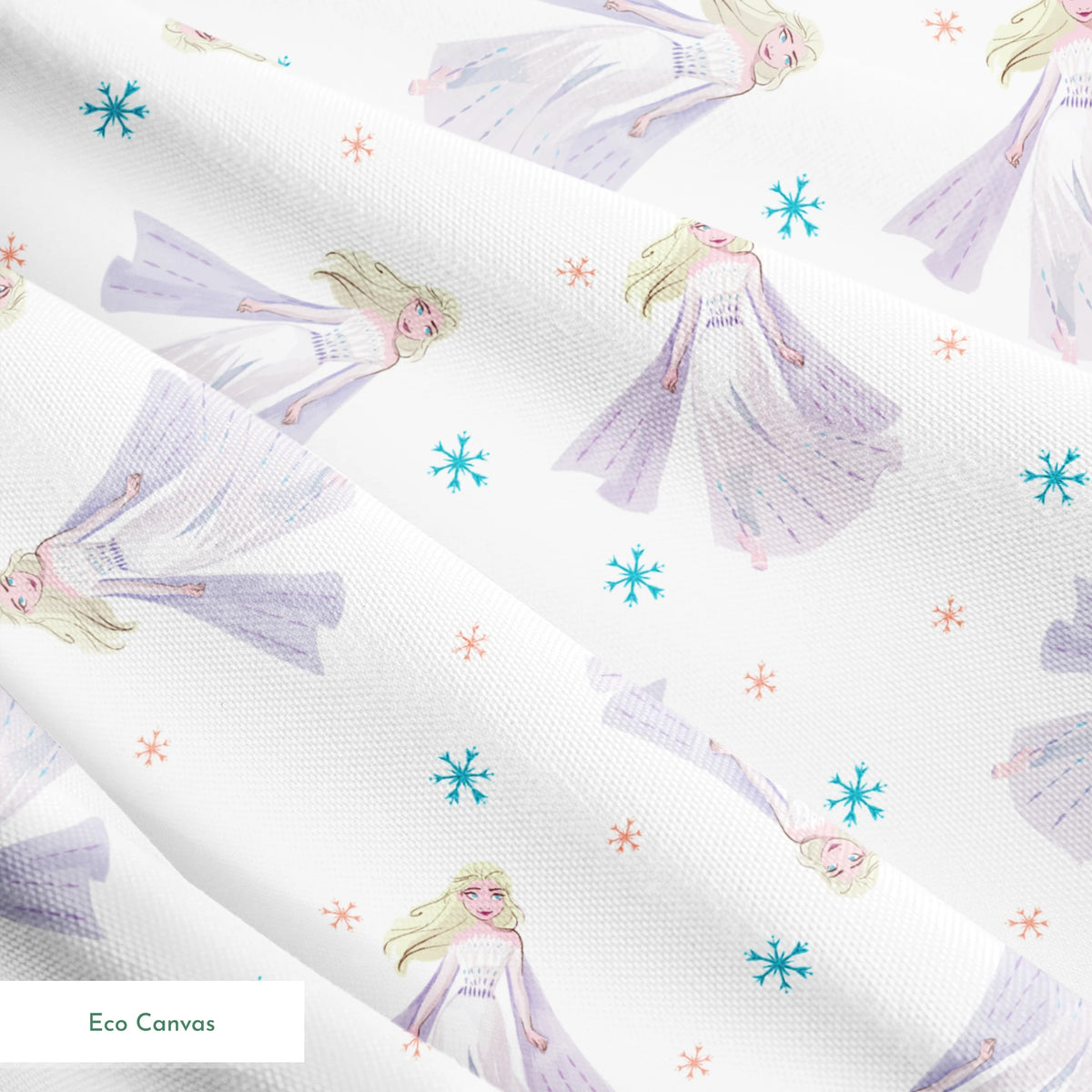 Whimsical pattern of Elsa with colorful snowflakes on white background springs ecocanvas texture