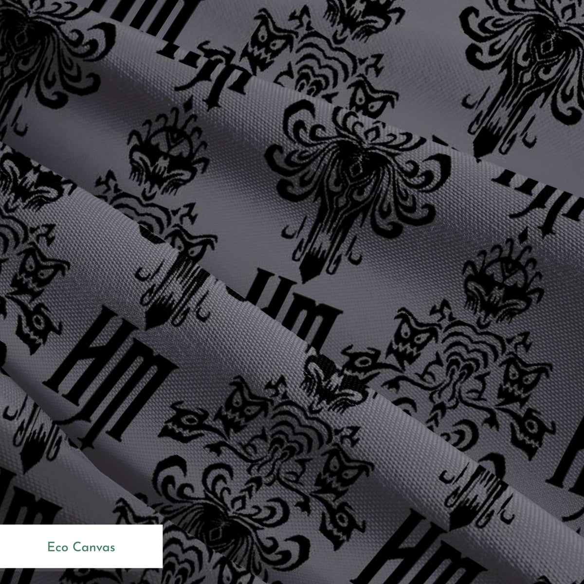 Dark gray background with black ornate damask pattern featuring decorative flourishes and monogram elements springs ecocanvas texture