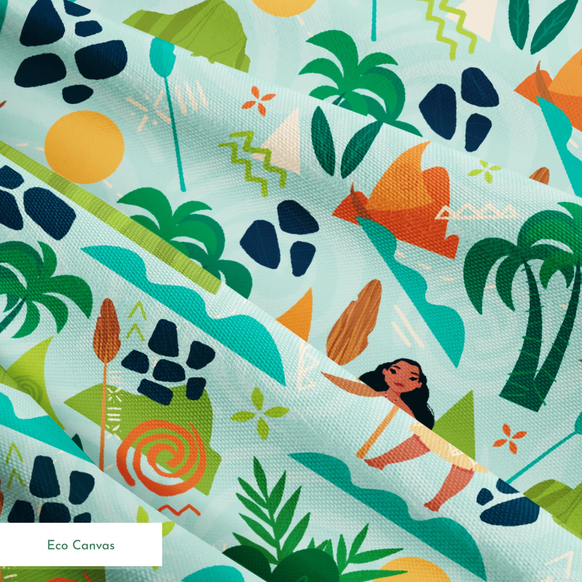 Tropical pattern with palm trees, mountains, sailboats and Polynesian-inspired motifs on mint green springs ecocanvas texture