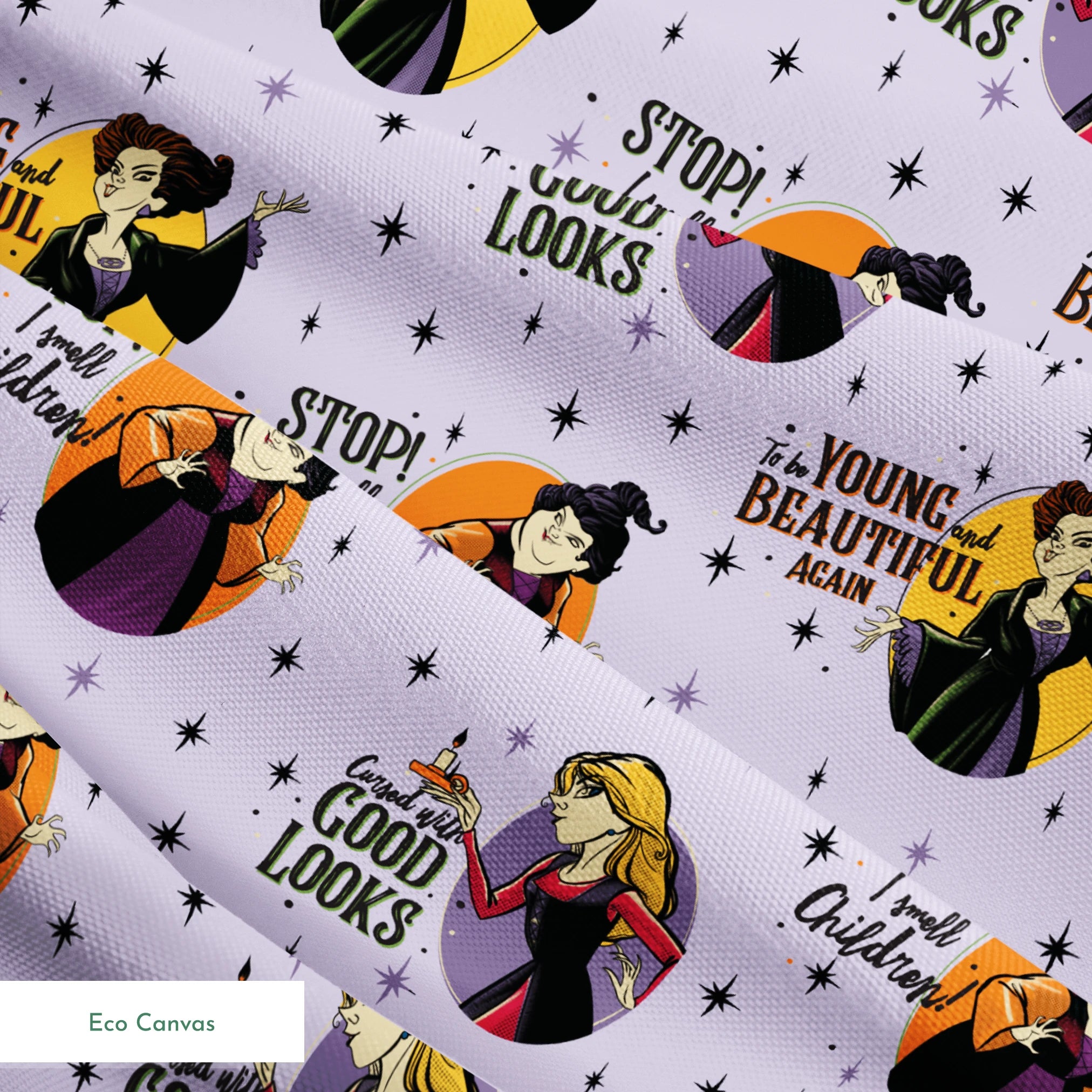 Disney villains pattern with circular portraits on purple starry background featuring animated characters and quote catchphrases springs ecocanvas texture