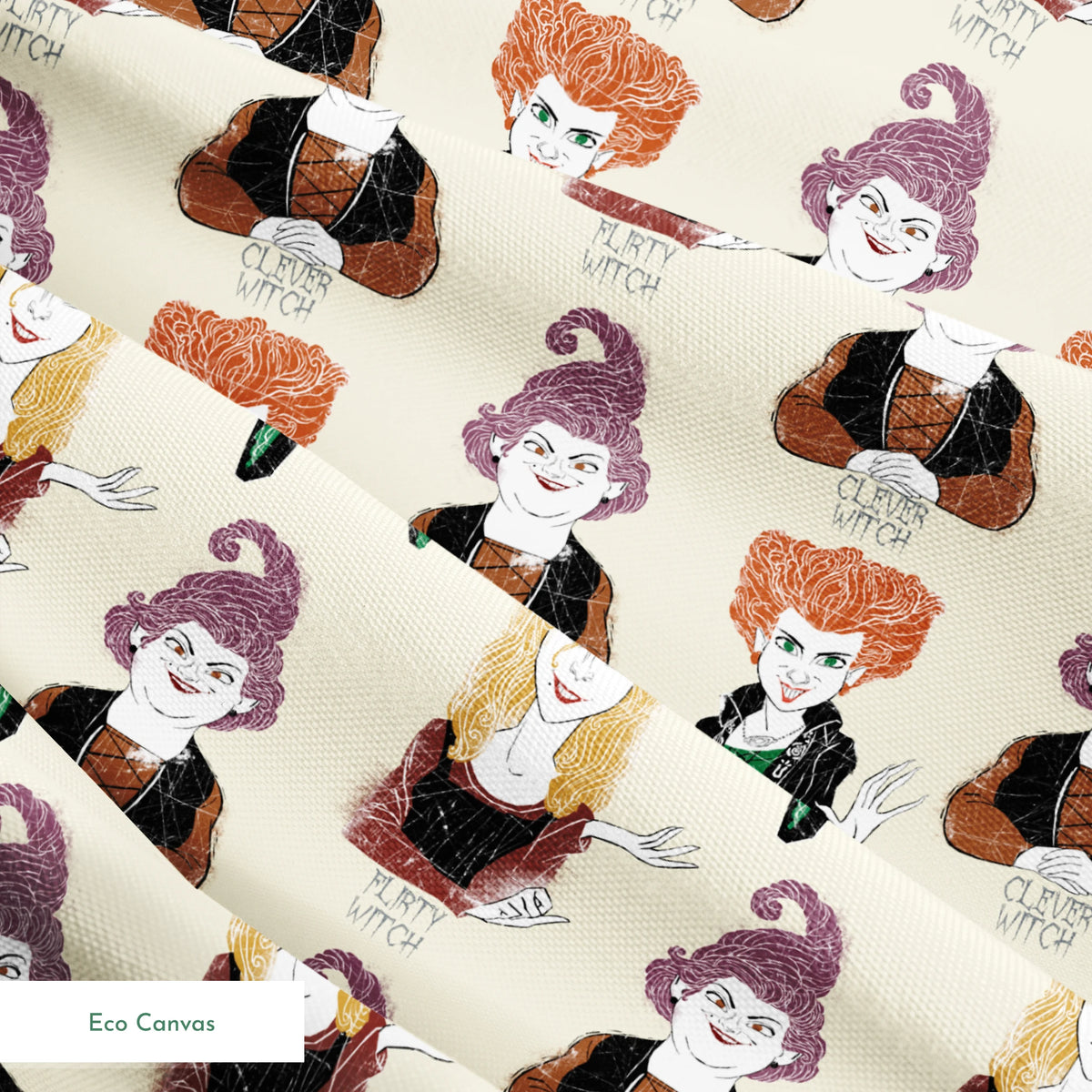 Pattern of illustrated witch characters with different styling - purple hat witch, green-dressed witch, and blonde witch with varying colors and poses springs ecocanvas texture