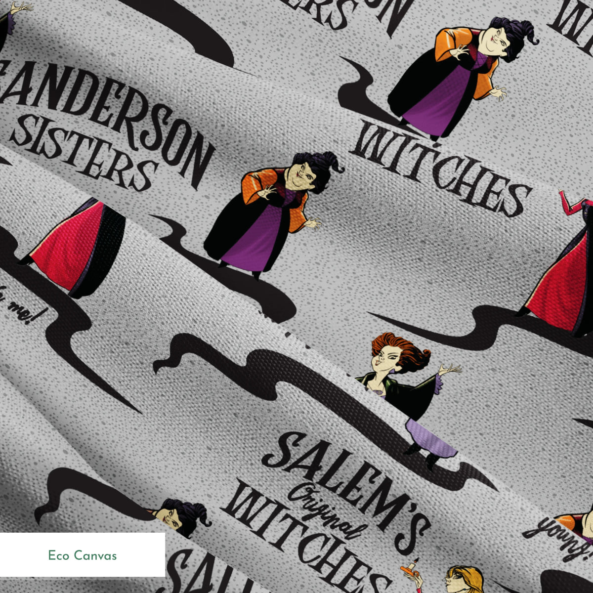 Sanderson Sisters pattern from Hocus Pocus with cartoon witches in purple and red dresses on gray background springs ecocanvas texture