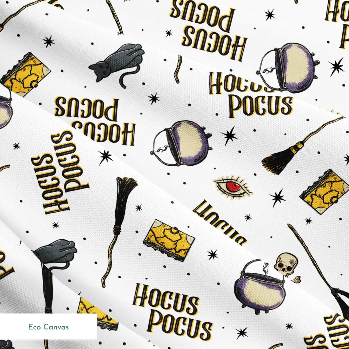 Repeating pattern of witchcraft items with "Hocus Pocus" text, cauldrons, brooms, and mystical symbols on white background springs ecocanvas texture