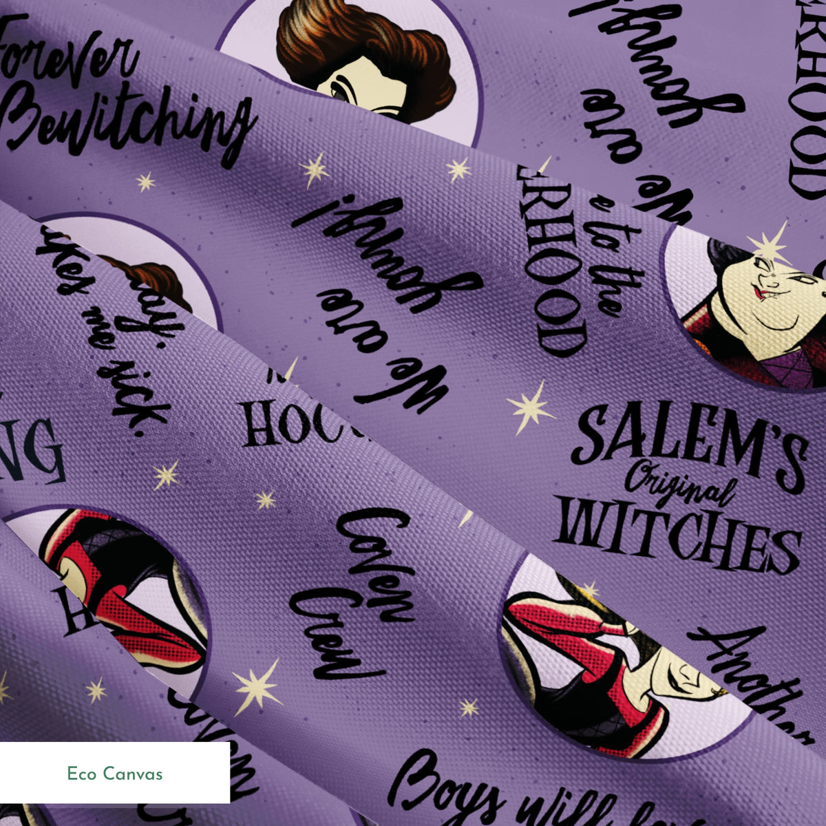 Purple background pattern with cartoon witches in circles, magical phrases and stars scattered throughout in black text springs ecocanvas texture