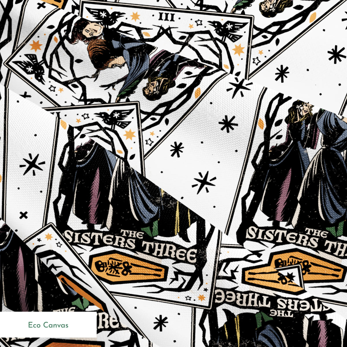 Scattered Hocus Pocus cards showing robed figures against white background with stars springs ecocanvas texture