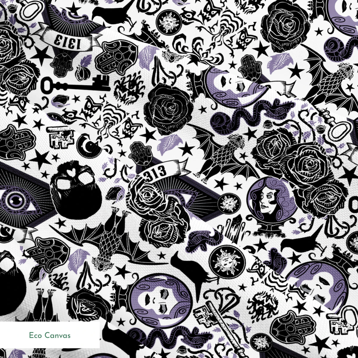 Gothic-inspired pattern with roses, medallions, ravens, and Victorian motifs in black and purple springs ecocanvas texture