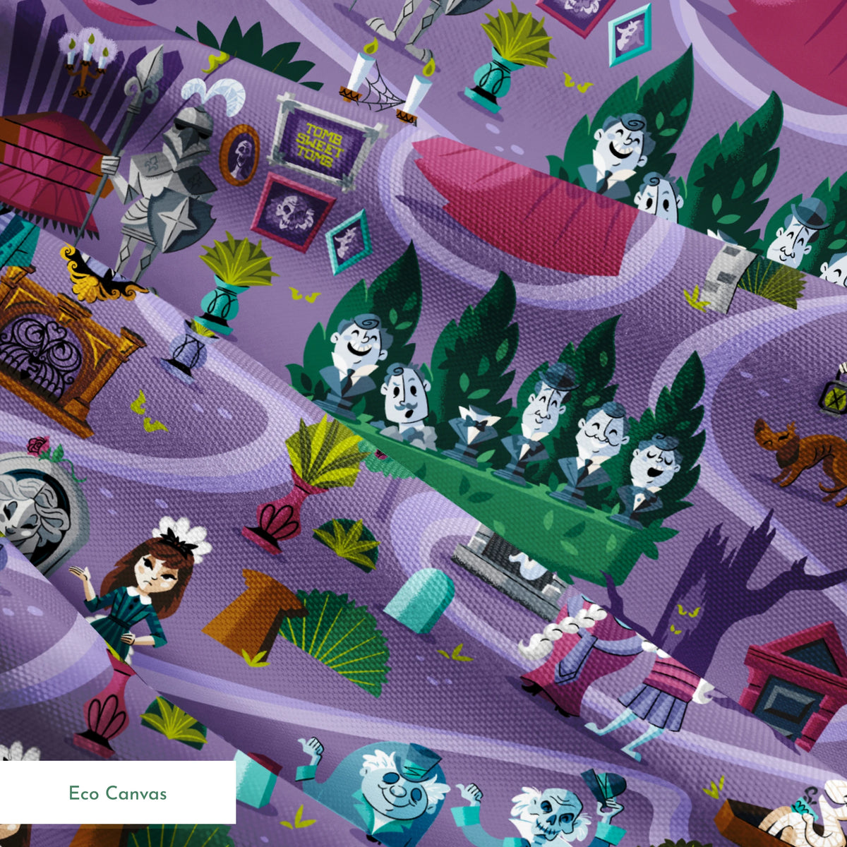 Colorful cartoon map of a spooky Halloween town with purple paths, ghosts, skeletons, and haunted houses. springs ecocanvas texture
