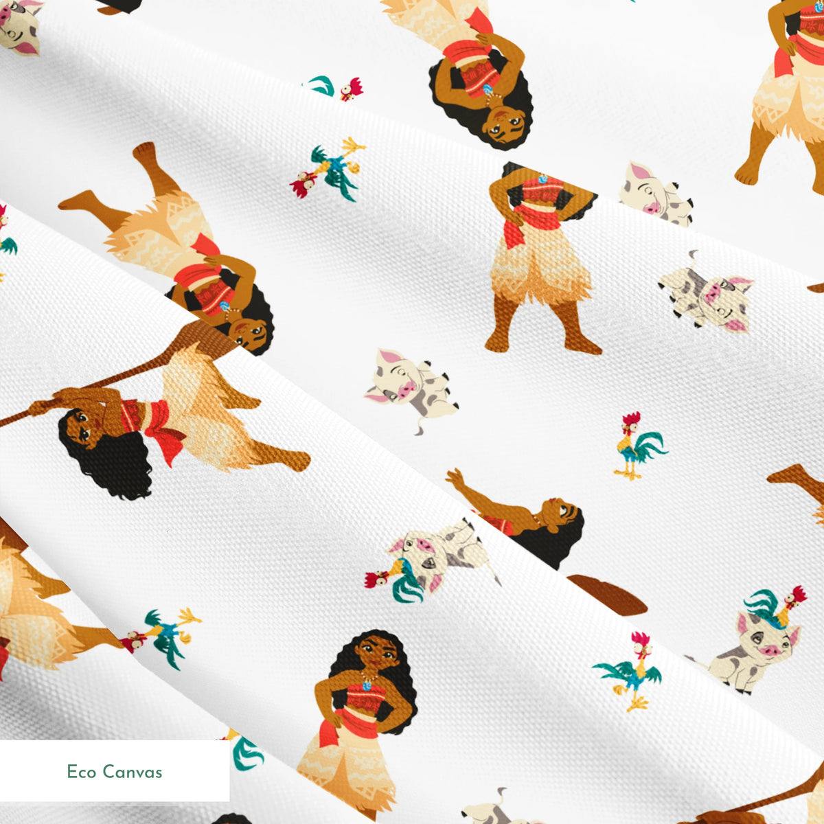 Moana pattern on white background with colorful cartoon animals in repeating design springs ecocanvas texture
