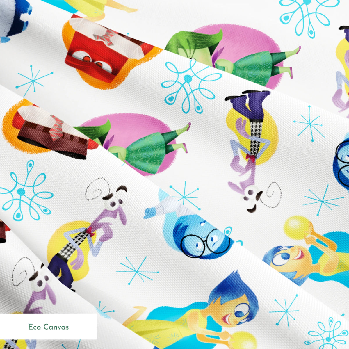 Colorful pattern of cartoon Inside Out characters with snowflake accents on white background springs ecocanvas texture