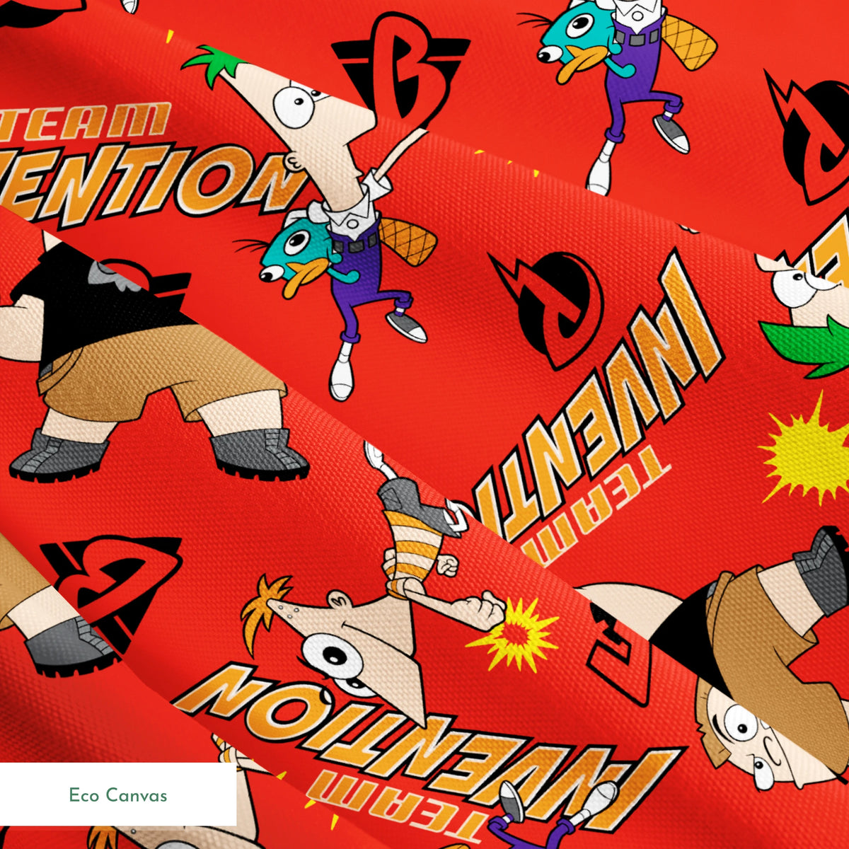 Red background pattern with Phineas and Ferb, text reading "Invention" and "McTheim", yellow starbursts, and comic-style design elements springs ecocanvas texture