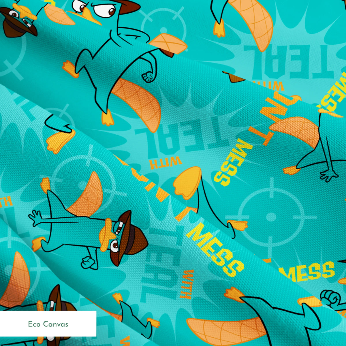 Cartoon pattern of platypus character in fedora hat with orange elements on teal background springs ecocanvas texture