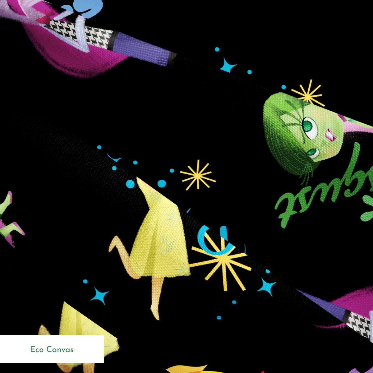Colorful Pixar pattern on black background with Inside Out characters and emotion words like "Fear springs ecocanvas texture