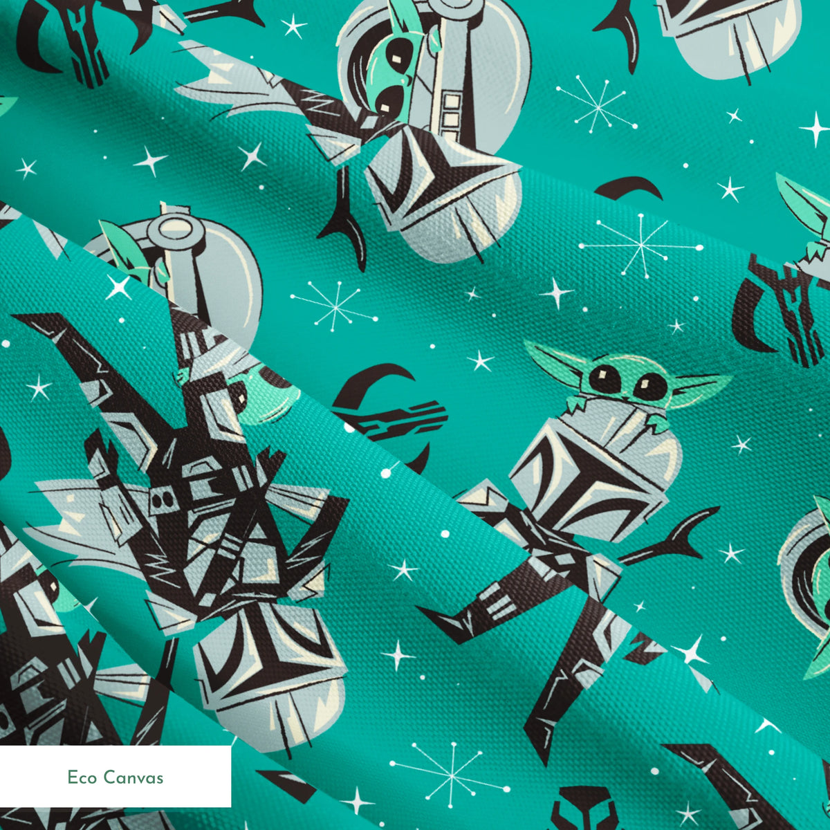 Cartoon-style Star Wars pattern with Baby Yoda and Mandalorian figures on teal background with stars springs ecocanvas texture
