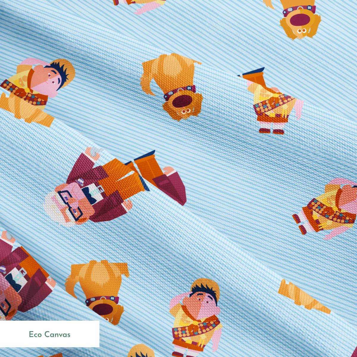 Cartoon characters from Up movie pattern on light blue striped background, featuring colorful illustrations springs ecocanvas texture