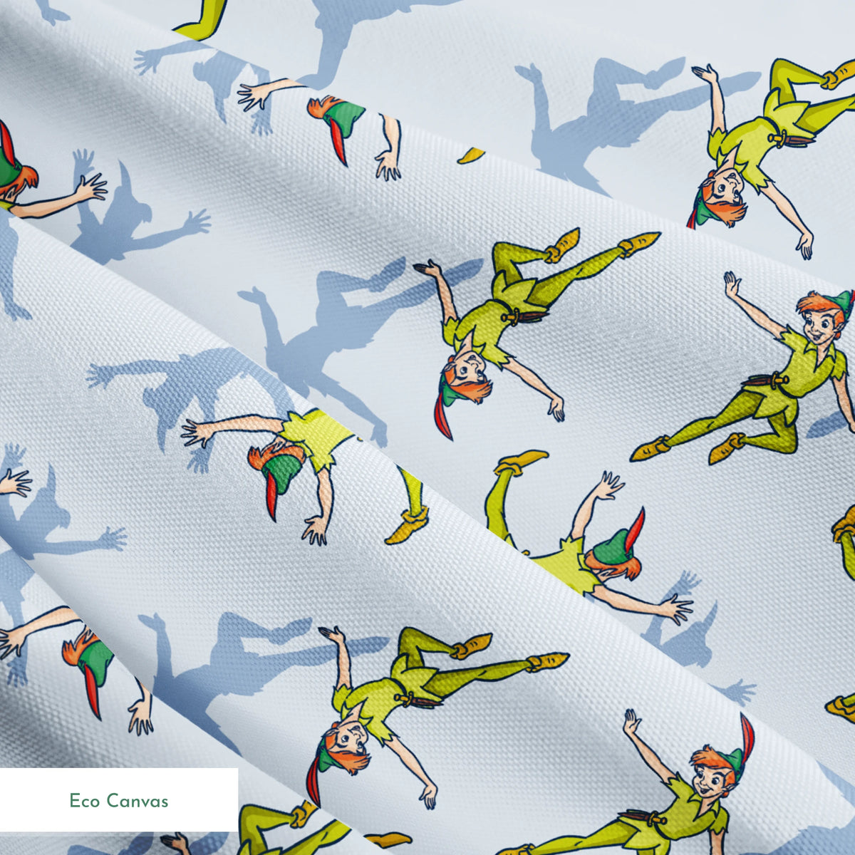 Colorful cartoon figures in bright green outfits with red accents dancing against a light blue background with shadows springs ecocanvas texture