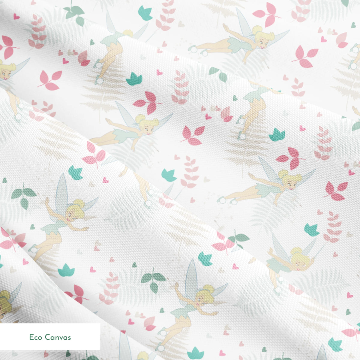 Whimsical pattern with Tinker Bell, white ferns, pink and teal foliage on light background springs ecocanvas texture