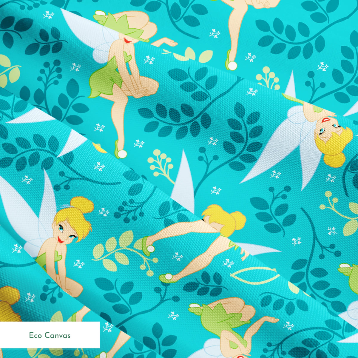 A whimsical pattern featuring Tinker Bell against a teal background with decorative green foliage and yellow accents. springs ecocanvas texture