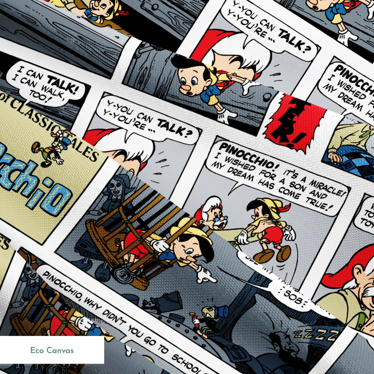 Comic strip collage featuring multiple panels from vintage comics with colorful characters, speech bubbles, and various cartoon scenes arranged in a grid pattern. springs ecocanvas texture
