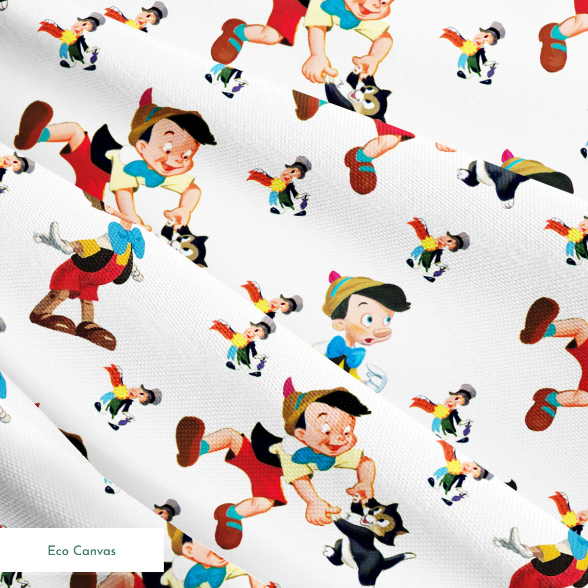 Pattern of cartoon wooden puppet characters with long noses, red shorts, blue bow ties, and black cats scattered on white background springs ecocanvas texture