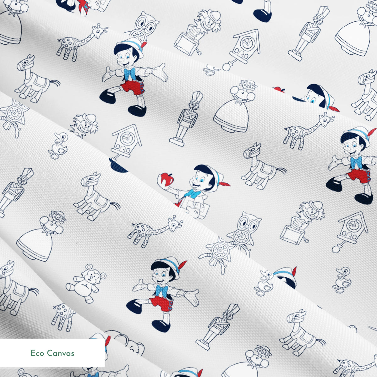 Pattern of vintage cartoon characters including Pinocchio and assorted animals on a light background with red and blue accents springs ecocanvas texture