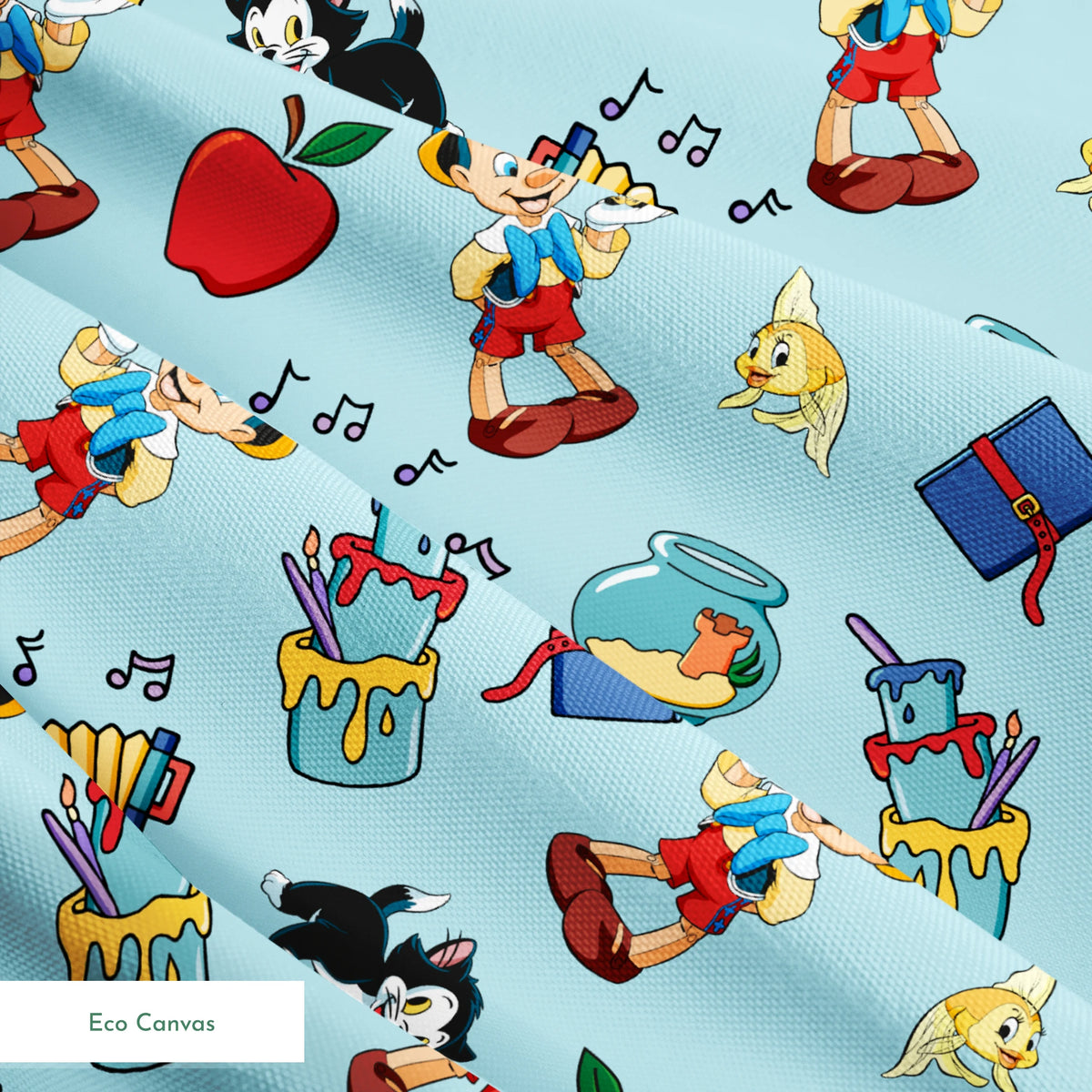 Cartoon pattern with wooden puppets, red apples, musical notes, goldfish bowls, cats, and books on light blue background springs ecocanvas texture
