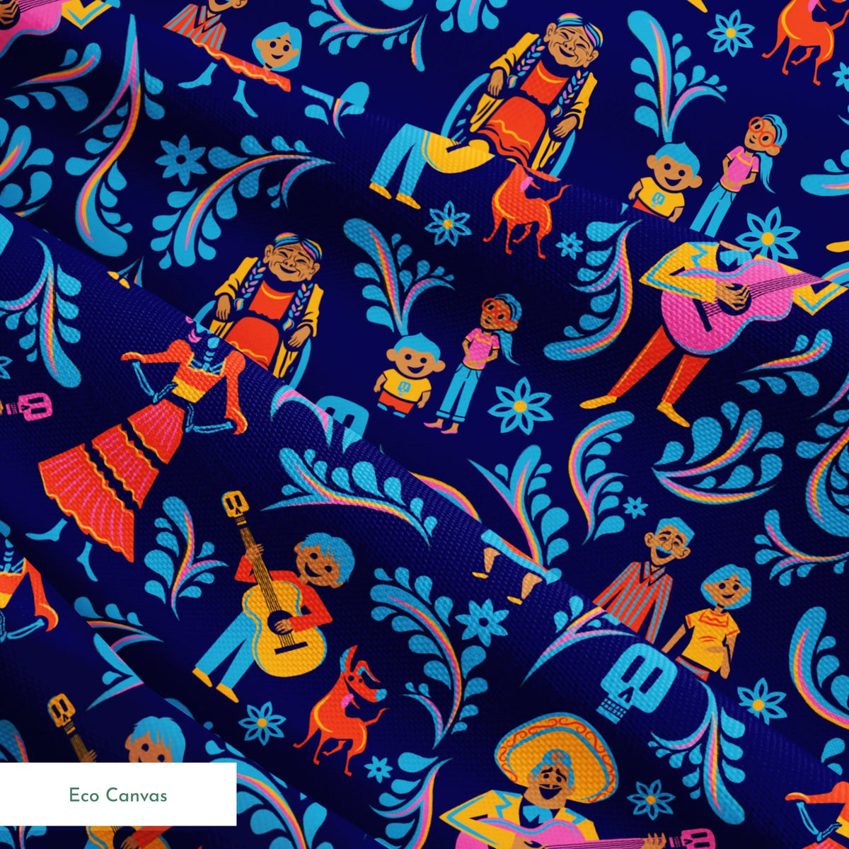Colorful Coco folk art pattern with figures playing guitars, dancing, and blue skulls on dark background springs ecocanvas texture