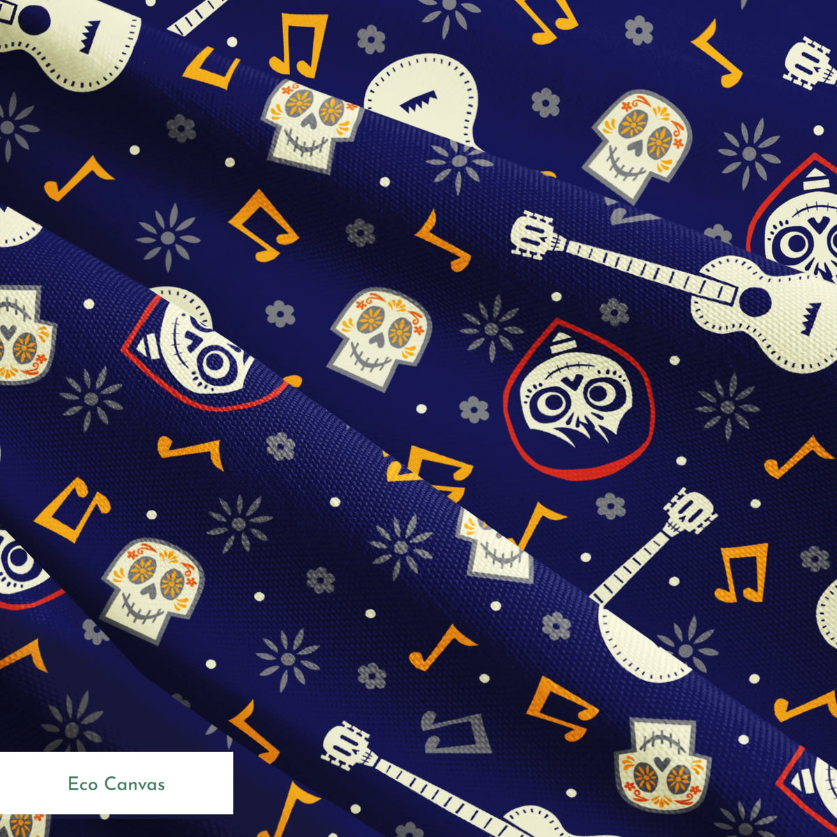 Coco dark blue pattern with white acoustic guitars, decorative skulls, orange musical notes, and circular designs scattered across a starry background. springs ecocanvas texture