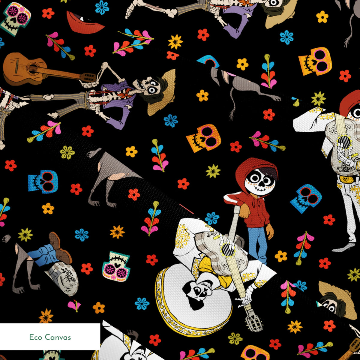 Colorful Coco Day of the Dead pattern with skeleton figures playing instruments, skulls, and flowers on black background springs ecocanvas texture