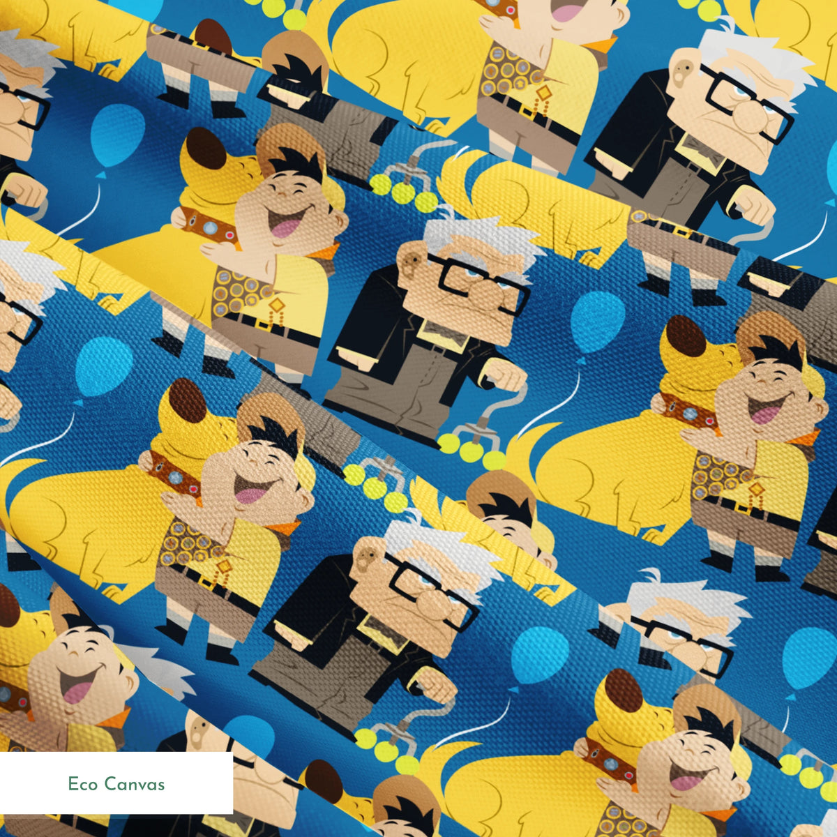 Cartoon pattern featuring characters from Pixar's "Up" with blue balloons, yellow dogs, and scouts springs ecocanvas texture