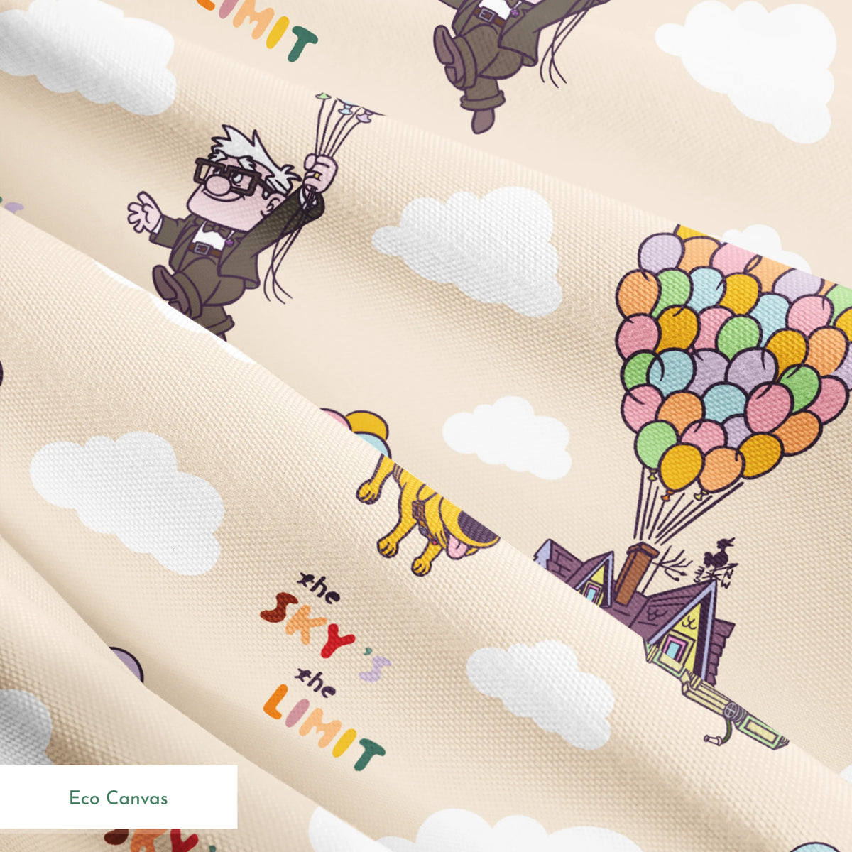 Pixar Up's characters floating with colorful balloons against beige sky with "sky's the limit" text springs ecocanvas texture