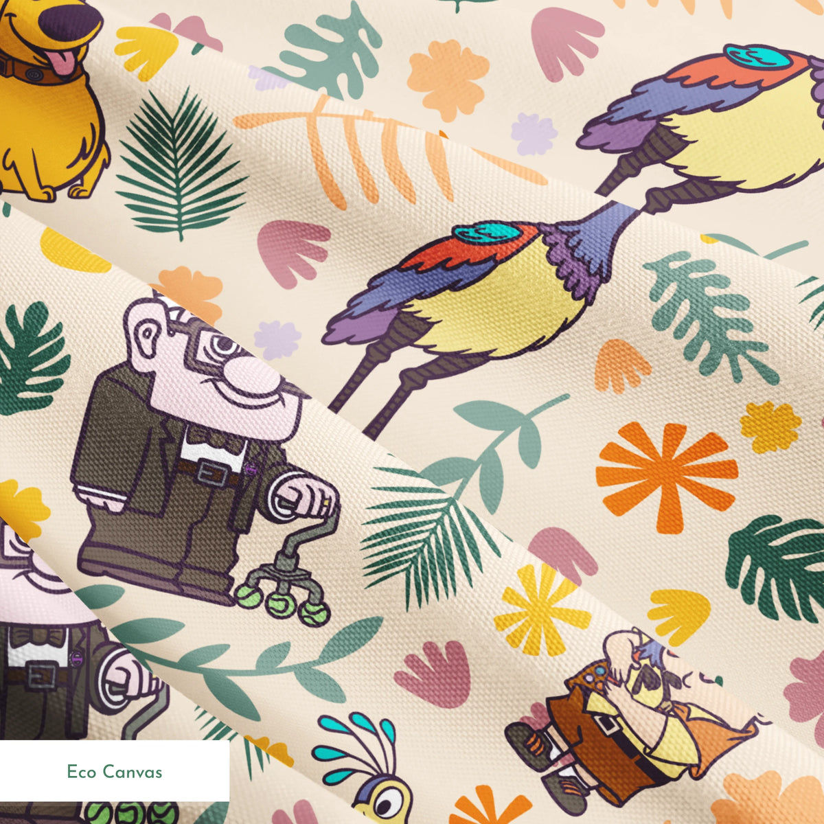 Whimsical cartoon pattern with colorful characters from Pixar's "Up" against floral background springs ecocanvas texture