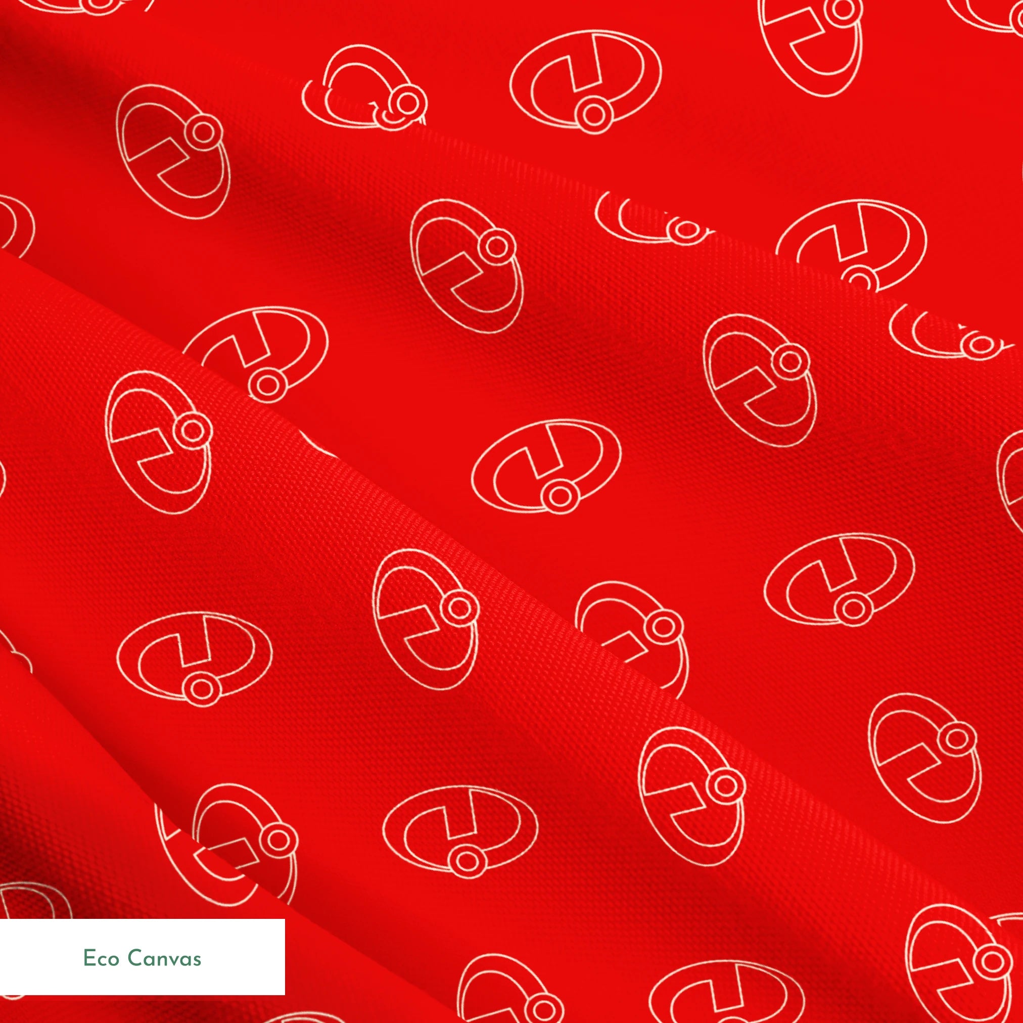Red background with The Incredibles logos in a repeating pattern springs ecocanvas texture