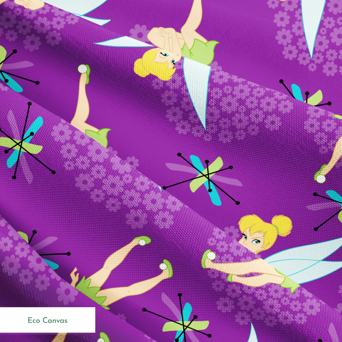 Repeating Tinker Bell pattern in green dresses on purple background springs ecocanvas texture