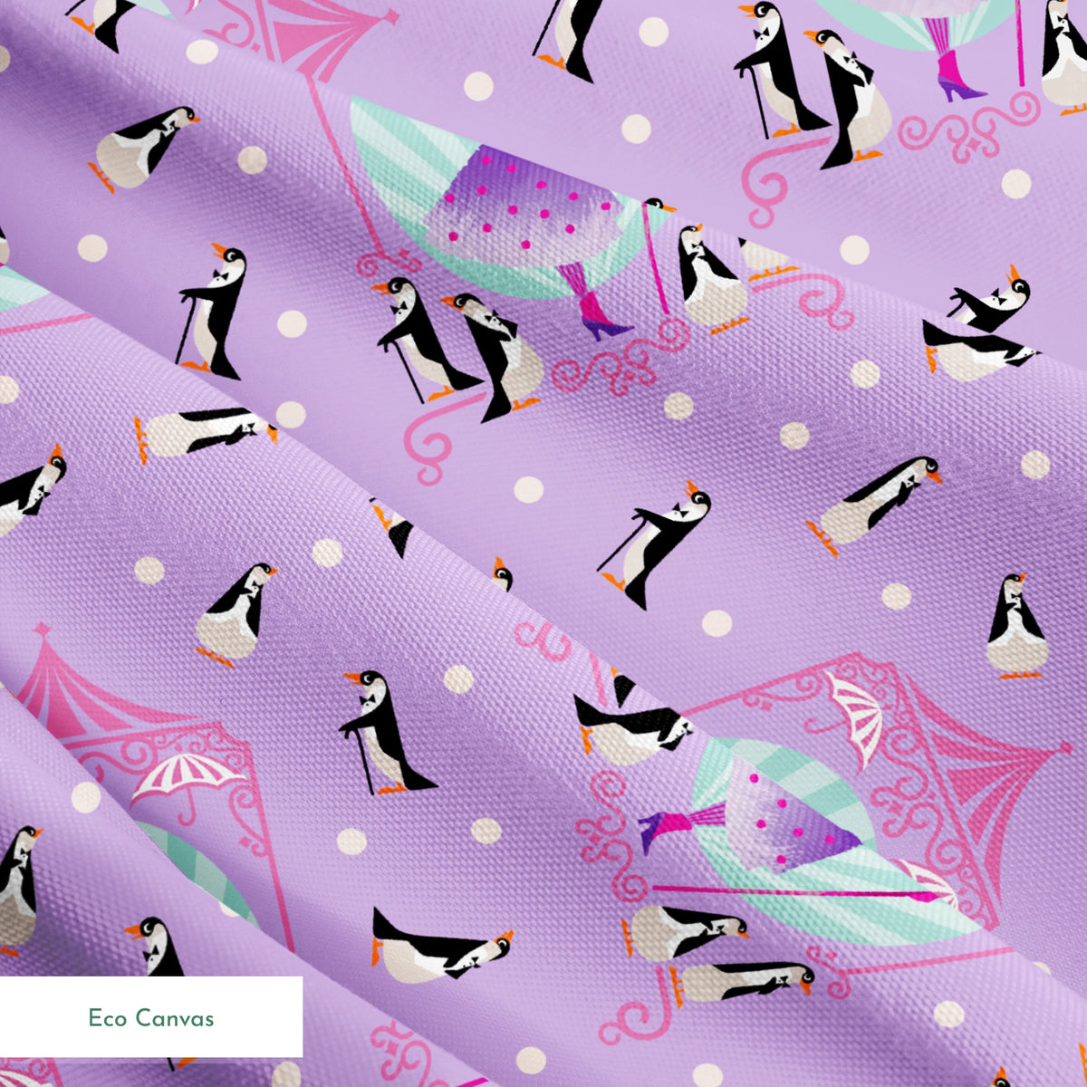 Playful pattern of penguins, Mary Poppins, and purple umbrellas on lavender background with white polka dots springs ecocanvas texture